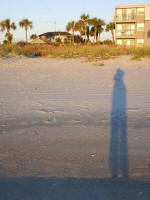 Leggy sunrise shadow points to A Place At The Beach.
