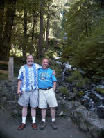 Joe and Jay. A mile and a half uphill, Wahkeena Springs gushes intact out of the ground. Five yards uphill from that one spot, no stream at all; five yards down, safely view nearly the complete plummet of Wahkeena Falls.