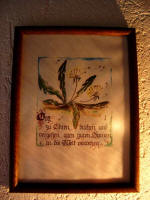 I love this this lovely little dandelion picture with its poem to honor God (Gott zu ehren, blhen und vergehen, allen guten Samen in die Welt verwehen), hanging in Elfriede and Siegbert's home.