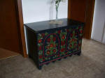 Beautiful hand-painted chest by our bedroom and the bath. Gertrud placed a luscious selection of oranges, apples, & bananas in our room, a big bowl set next to plates, silverware, & napkins: service for the two of us.