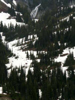 Myrtle Falls on Edith Creek by Paradise Inn, at the highest and most prominent peak in the Cascade Range: Mount Rainier stands nearly 3 miles higher than lowlands to the west, and 1 miles higher than adjacent mountains.